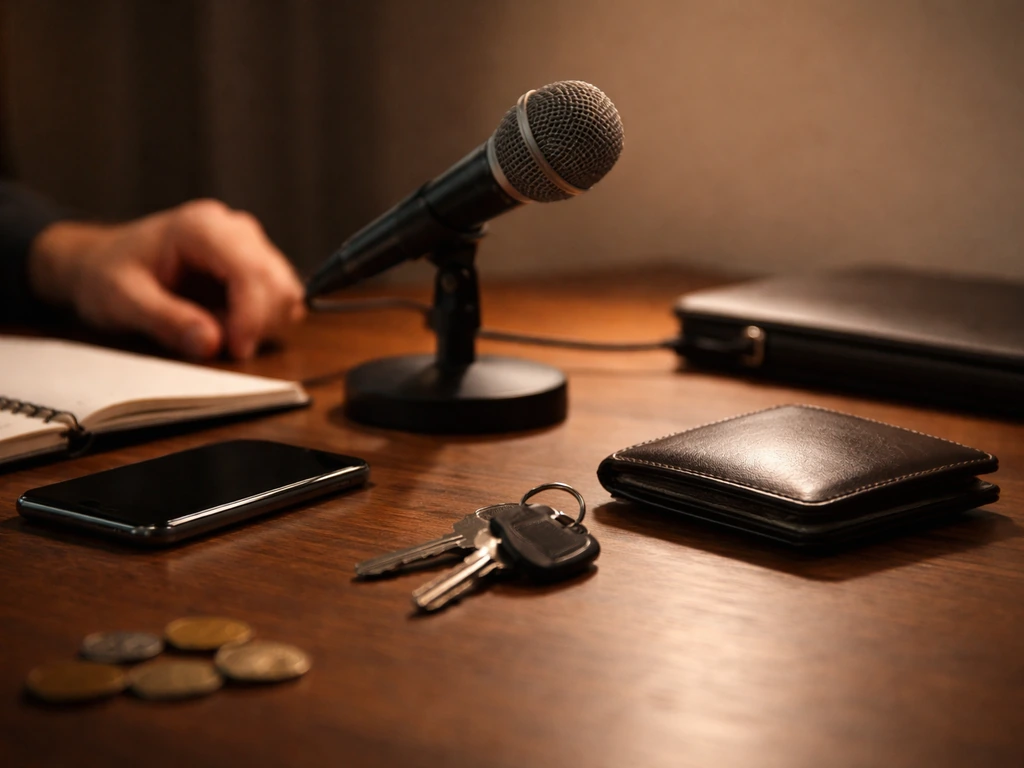 Minimal photo of a quiet office desk with a single microphone and a wallet symbolizing financial profile analysis.