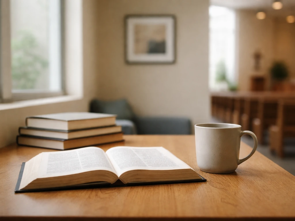 Minimal church office desk with an open Bible and softly lit window, no people.