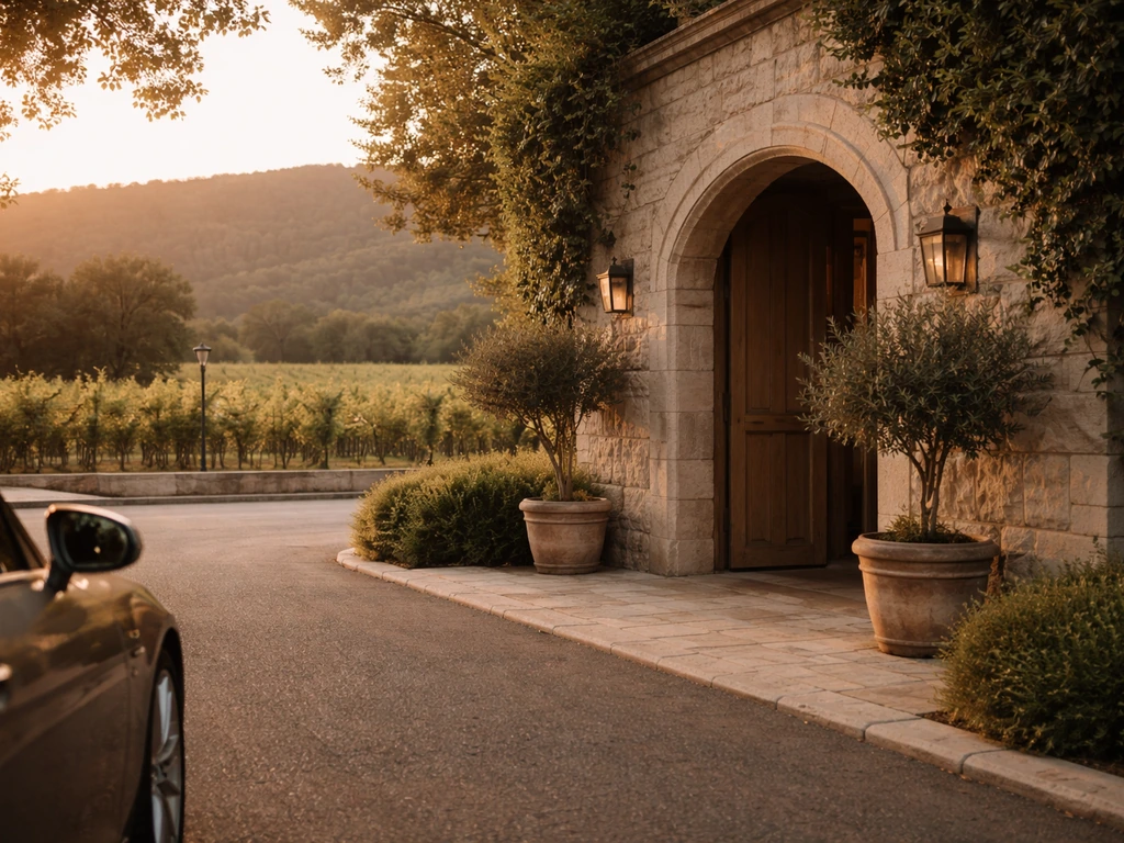 Golden-hour Napa Valley vines and a quiet nonprofit-style stone building entrance with subtle wealth cues.