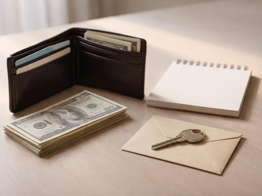 Close photo of an open wallet, neatly stacked cash, and a notepad showing assets vs liabilities concept