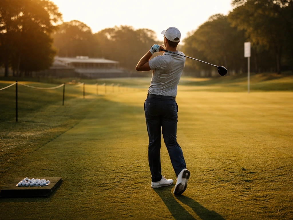 Anonymous golfer mid-swing on a manicured fairway during a major-style setup.