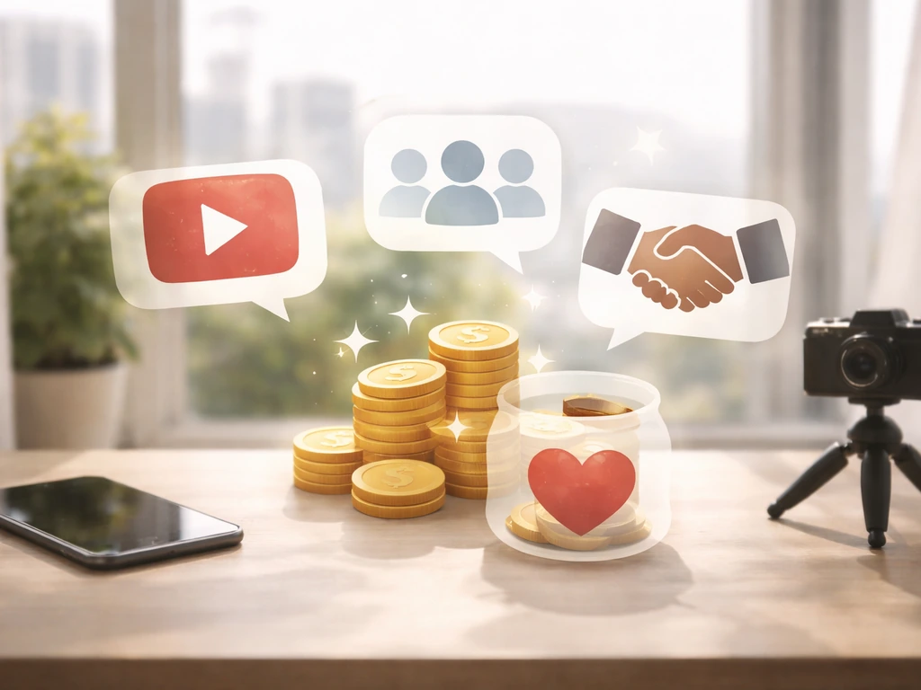 Minimal desk collage of media, sponsorship, and crowdfunding symbols suggesting income sources, no person shown.