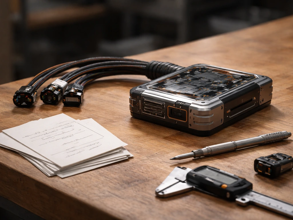 Workbench with engineering tools and a generic partnership note beside compact tech hardware