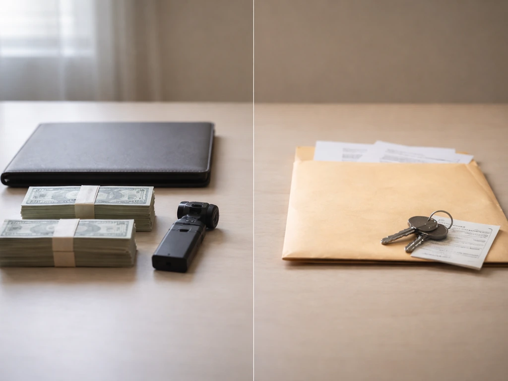 Minimal photo showing cash and investments on one side and a debt envelope on the other, symbolizing assets vs liabiliti