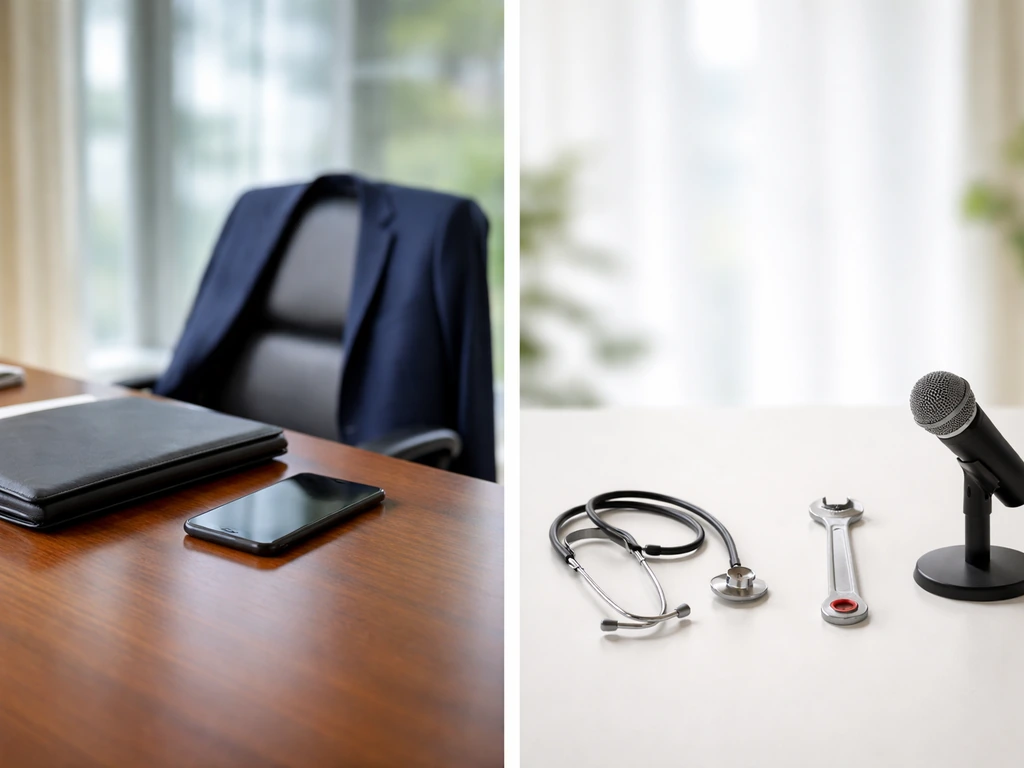 Split image: insurance executive desk items on one side, generic profession tools on the other to avoid mix-ups.