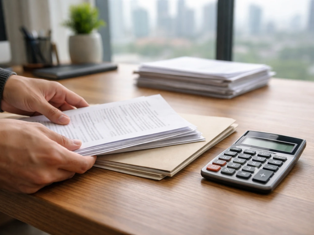 Hands placing documents and calculator on a desk, symbolizing public-data inputs for financial estimate calculations.