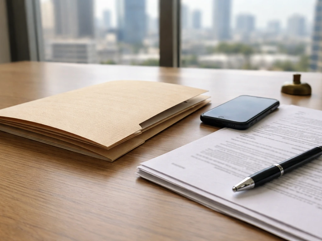 Documents and a smartphone on a desk with blurred city view, suggesting corporate filing ownership signals.