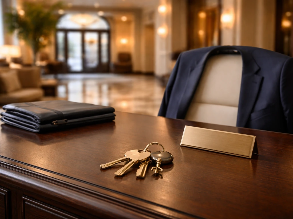 Hotel management desk scene with a suit jacket and keys, symbolizing hospitality executive leadership.