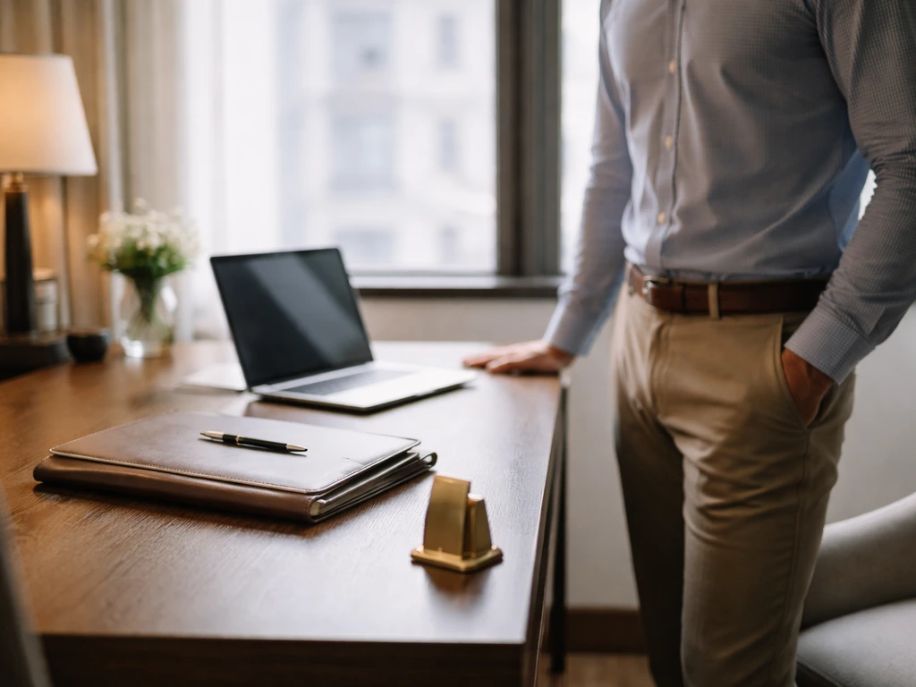 Quiet hotel office scene with a laptop and hospitality details, symbolizing hotel ownership and executive business work.