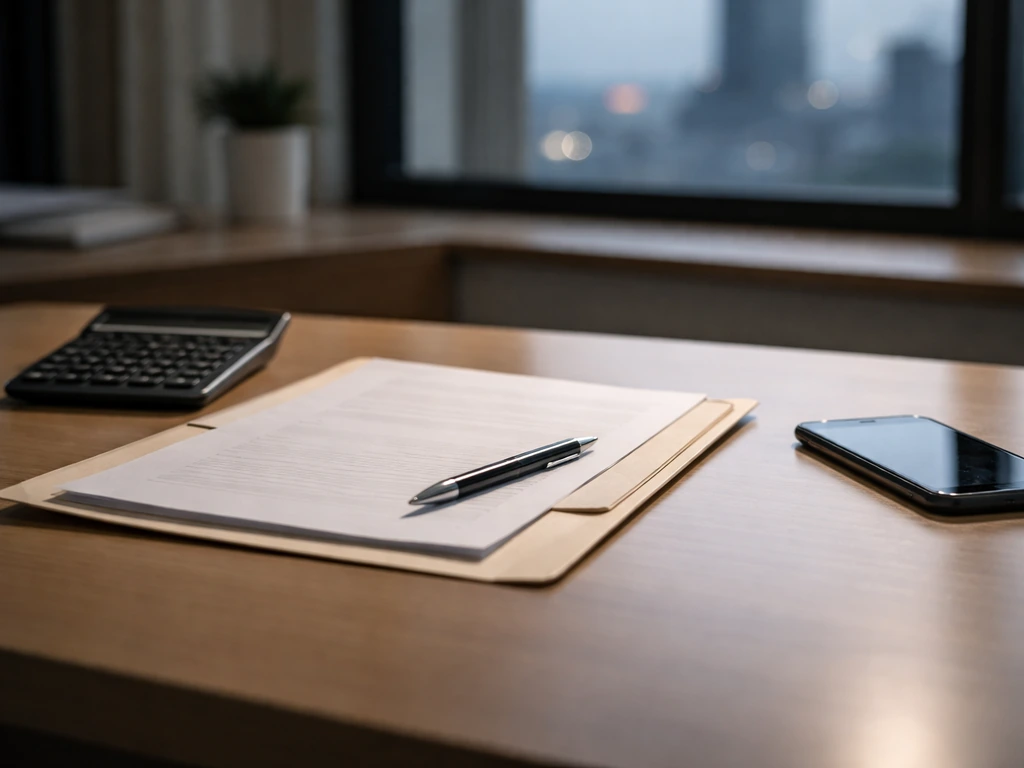 Minimal photo of a desk with documents, a calculator, and blurred city skyline symbolizing business net worth calculatio