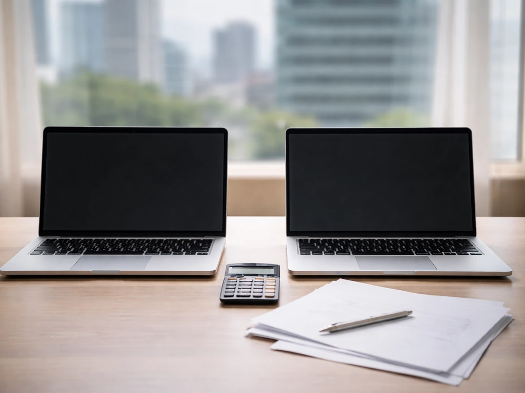 Two laptops and a calculator on a desk, symbolizing different net-worth estimates and valuation dates.