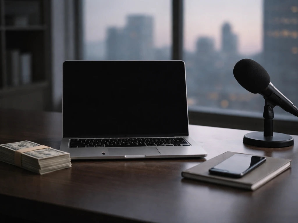 Minimal photo of a finance analyst desk with a laptop, money, and a Bloomberg/Forbes-style atmosphere without any logos