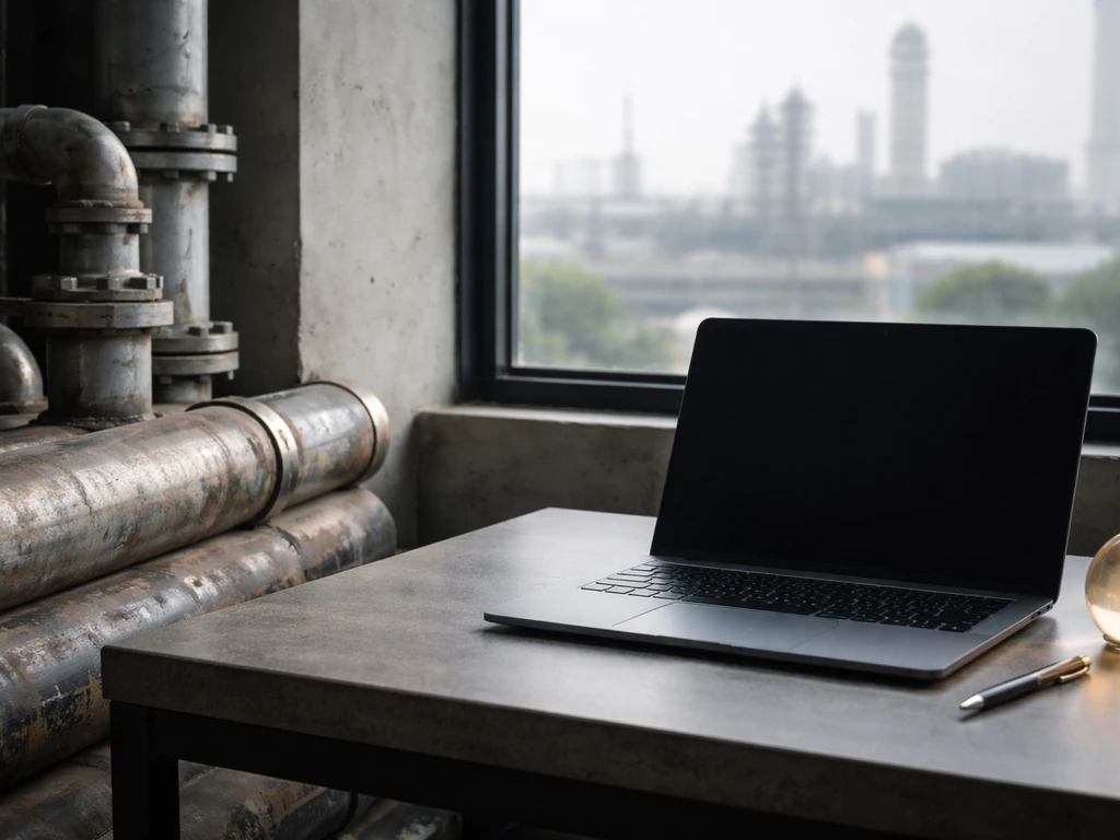 Anonymous hands and old steel pipes beside a modern corporate desk, symbolizing growth from energy to technology.