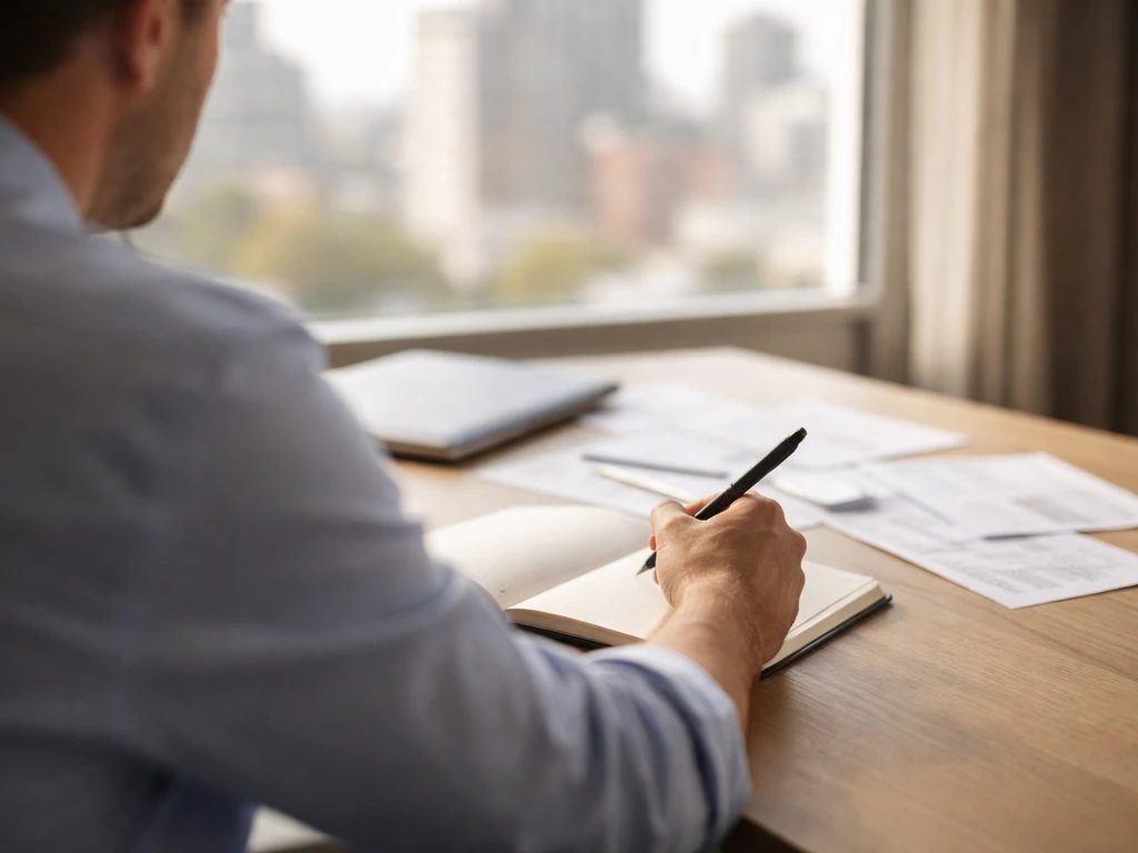 Anonymous business analyst at a desk with scattered receipts and a blank notebook, symbolizing conflicting private valua