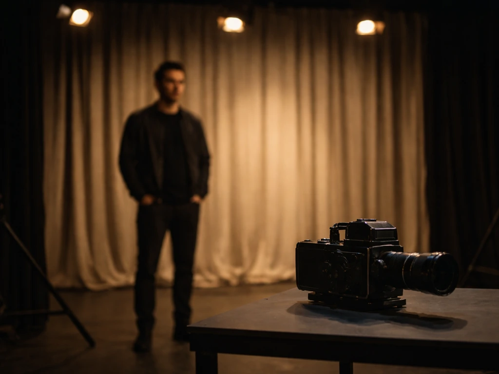 Anonymous man in a minimal theater studio with warm stage lights and a film camera on a table