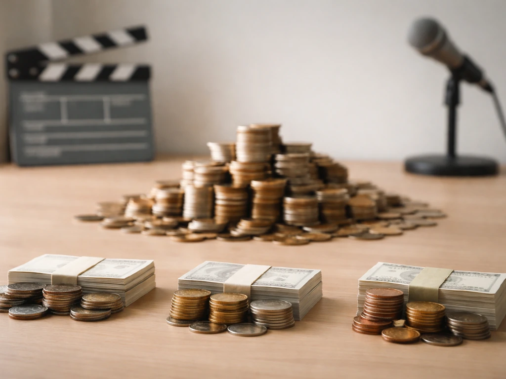 Minimal studio desk with three stacked coin-like money streams blending into a larger wealth pile