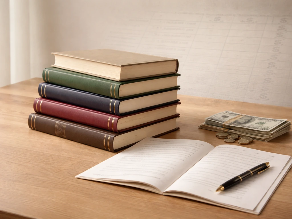 Minimal still life of stacked books with a publisher contract and a subtle ledger-style overlay effect