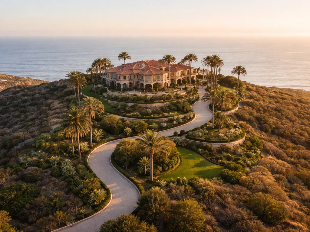 A luxury California hillside estate overlooking the coast with manicured grounds and a winding driveway.