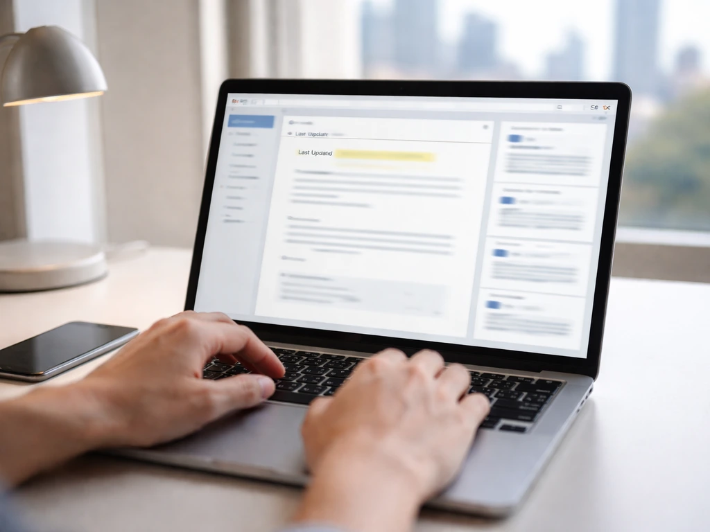 Hands checking a laptop screen with a highlighted “Last Updated” area and comparison panel.