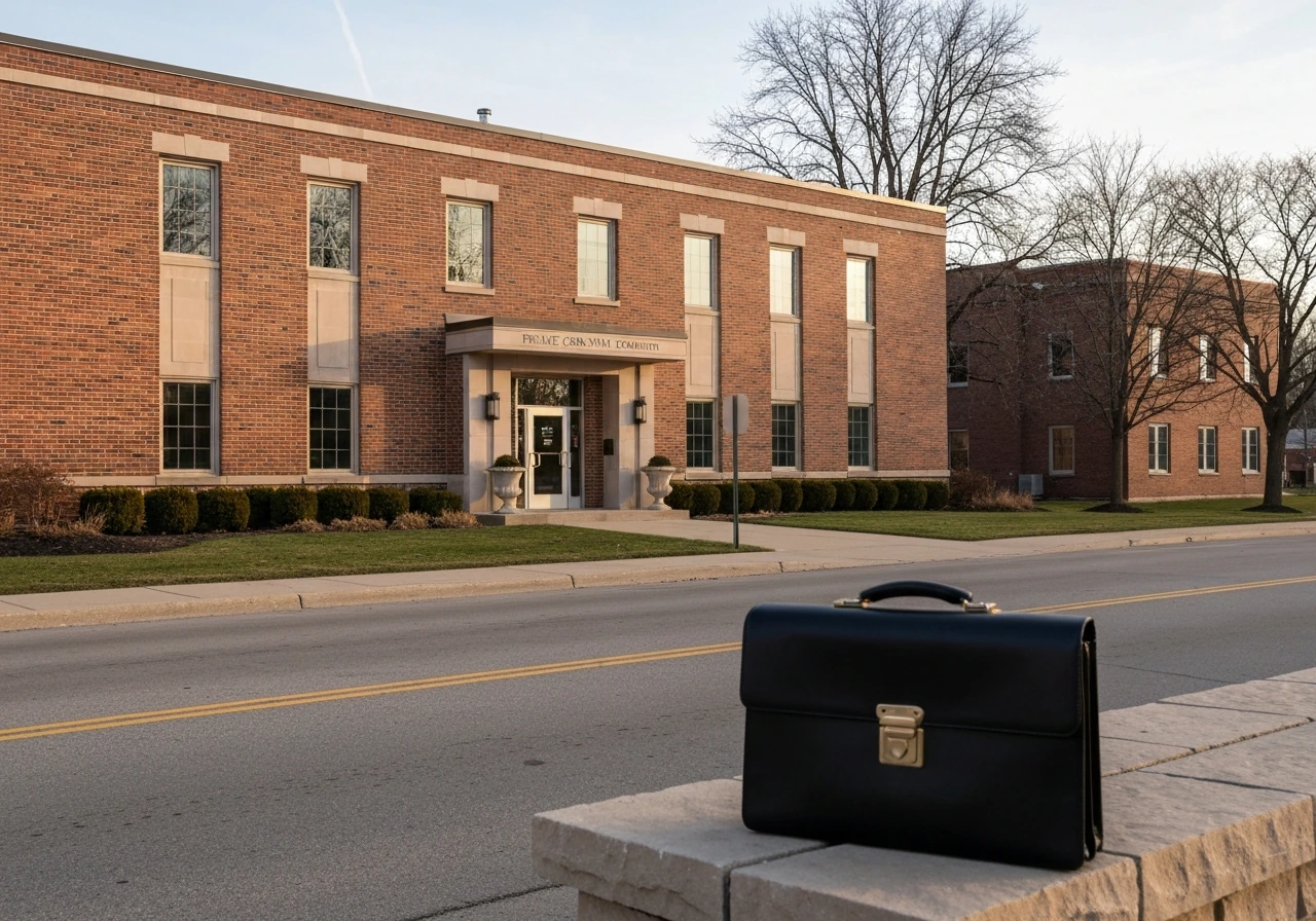 Exterior view of a private corporate headquarters-like building in a small Midwestern town at golden hour.