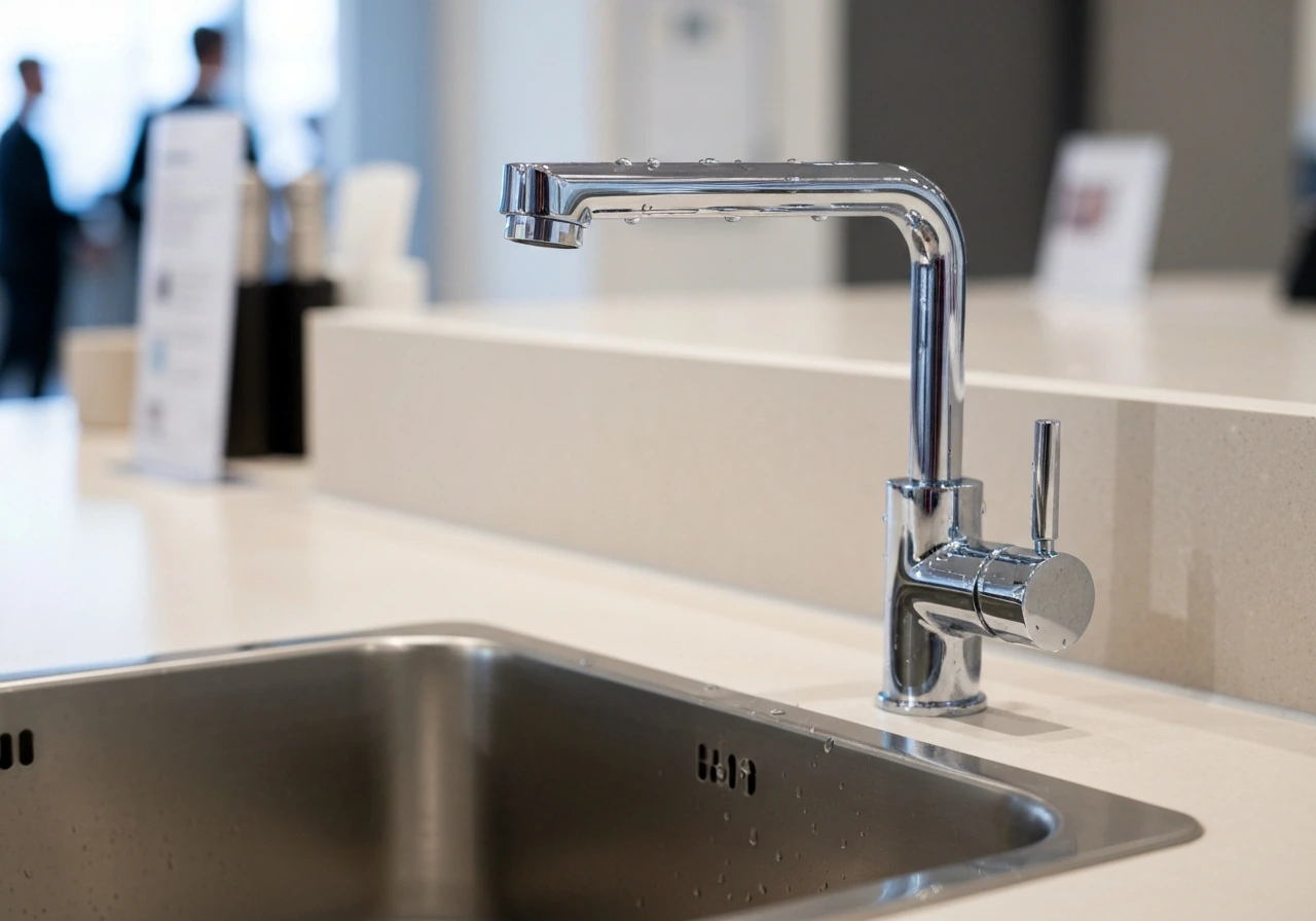 Closeup of a modern kitchen faucet and sink with a clean, premium chrome finish