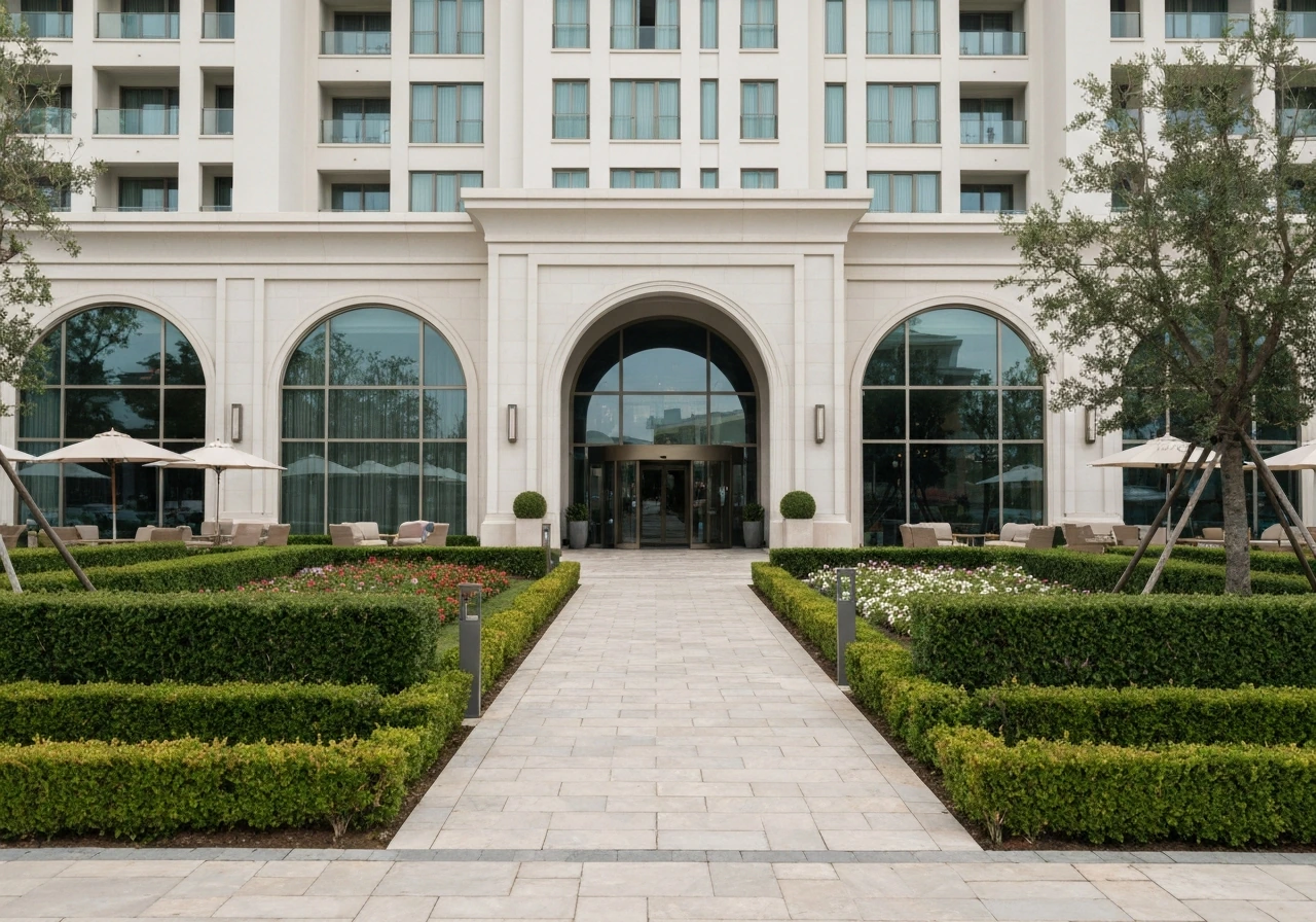 Sunlit luxury resort exterior with manicured landscaping and a quiet driveway