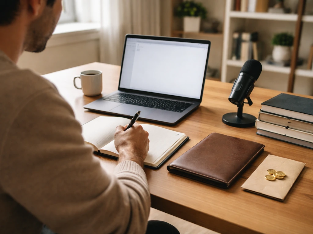 Anonymous person working at a desk with business and writing books, laptop, and small money symbolism.
