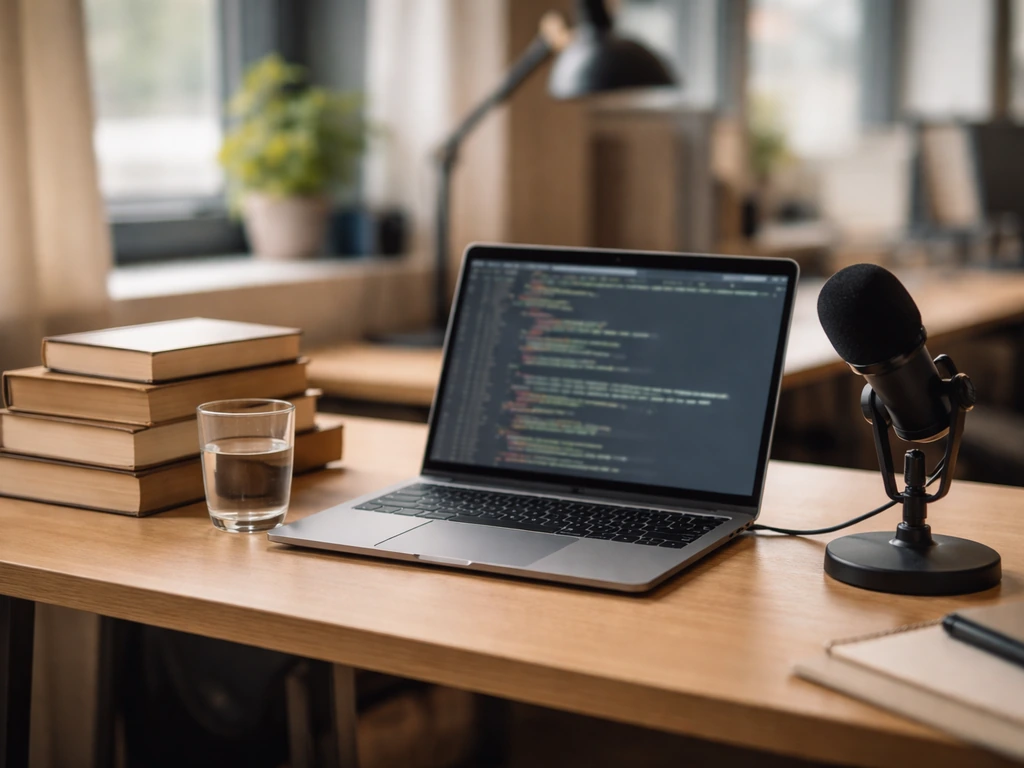 Minimal university office desk scene with open laptop, microphone, and books symbolizing academic entrepreneurship.