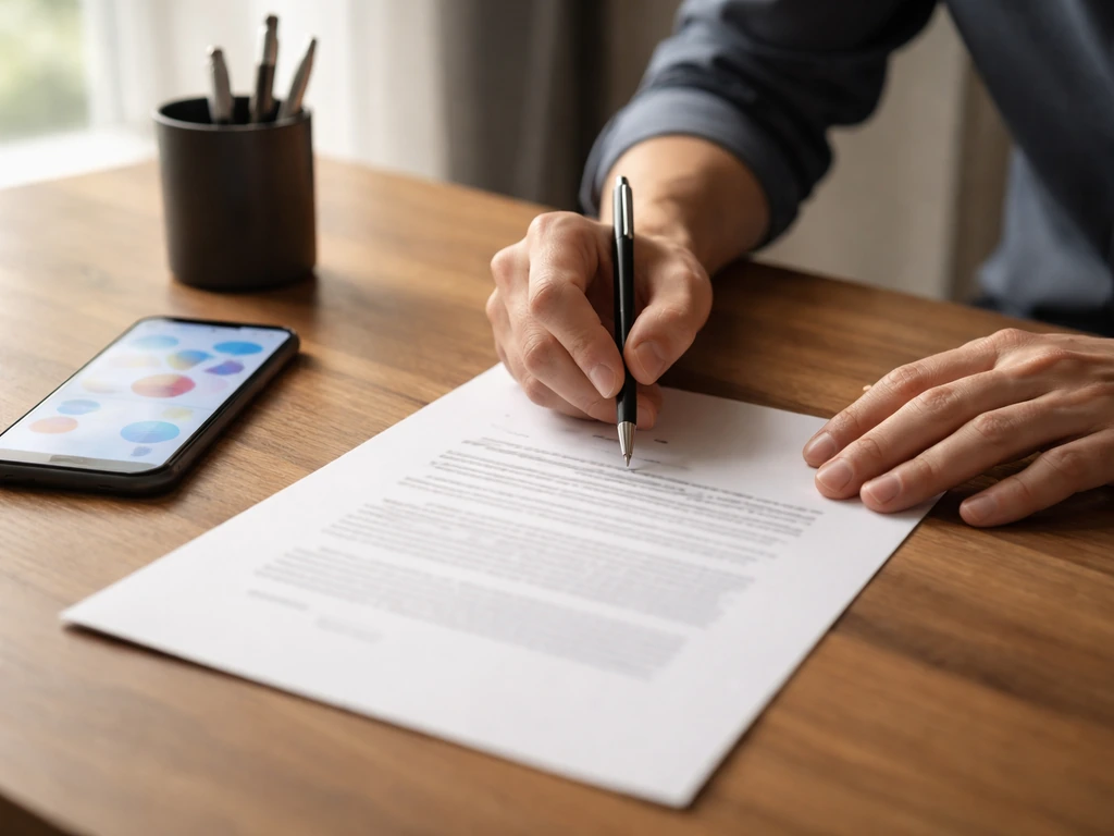 Anonymous hands signing an agreement on a desk with a smartphone showing a non-text startup-style screen.