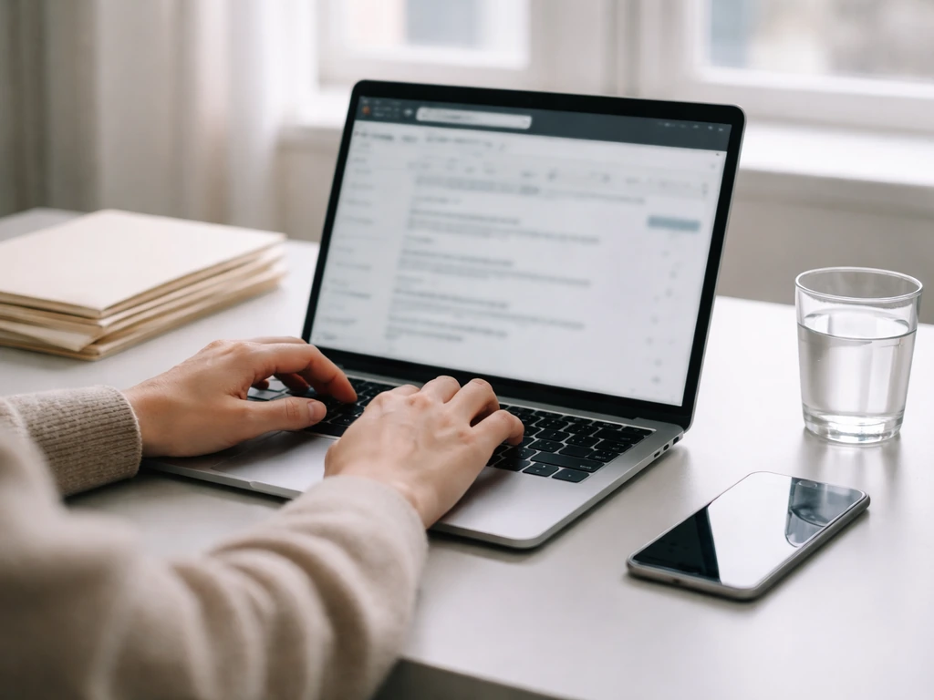 Anonymous hands at a desk using a laptop to search financial records in soft natural light.