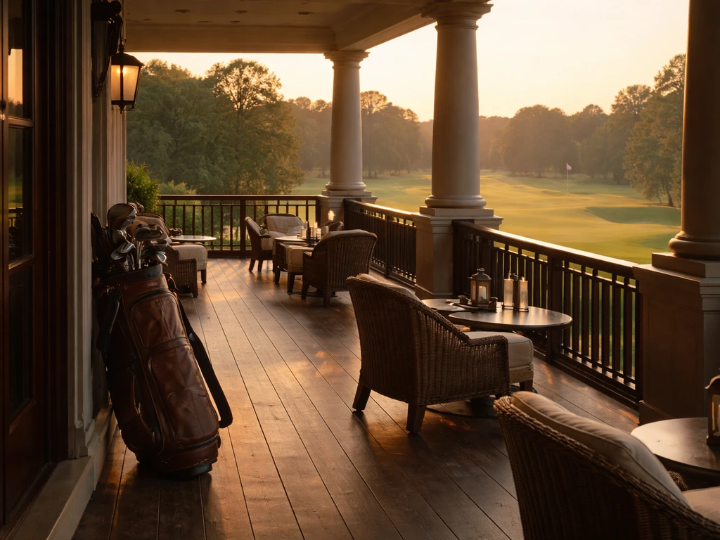Upscale golf clubhouse view over a championship course, symbolizing elite wealth and pro media spotlight.