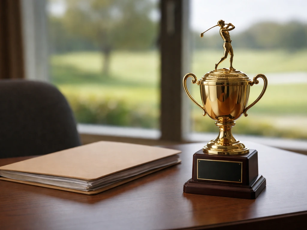 Empty desk with a gold golf trophy and closed folder beside a sunlit clubhouse window.