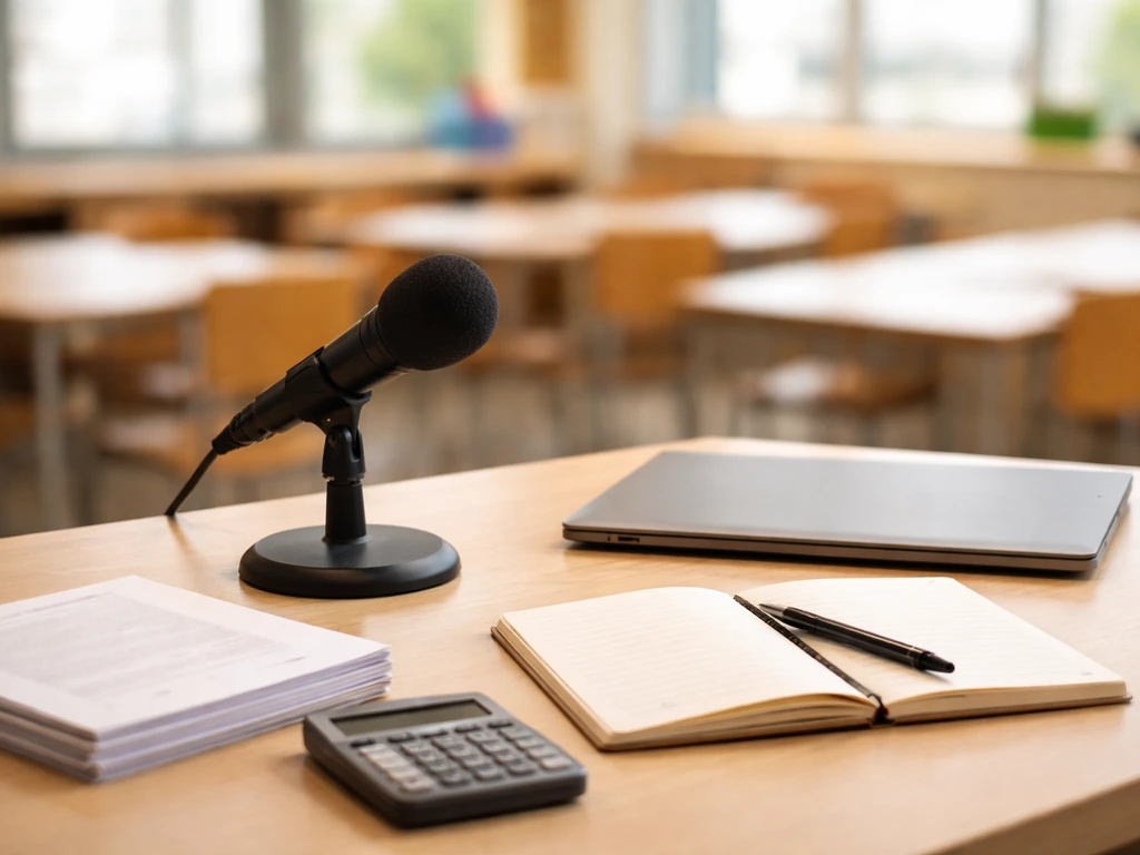 Minimal workspace with microphone, laptop, and classroom background blur suggesting K-12 professional development.