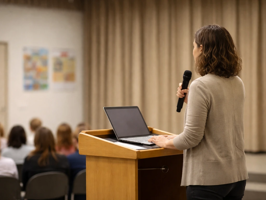 Anonymous K-12 professional speaking at a keynote lectern in a modest auditorium.