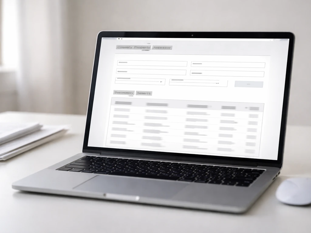 Close-up of a laptop showing a property records search page for county assessor verification