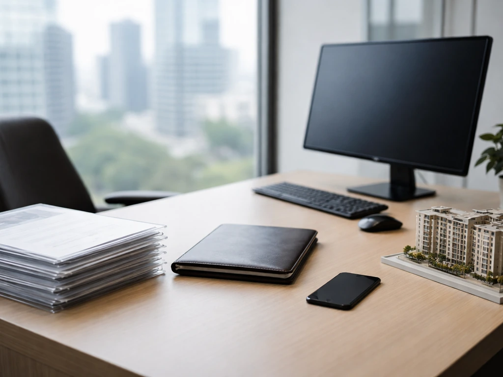 Modern office desk with real estate finance documents and an architectural model, city skyline outside.