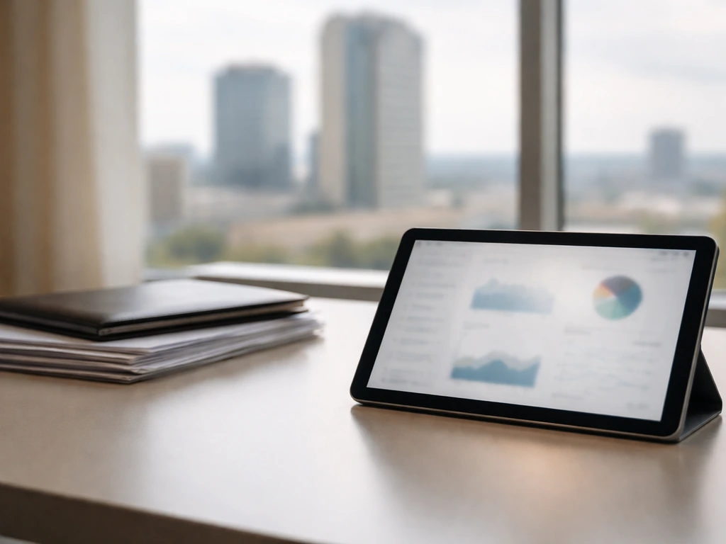Minimal office desk with a tablet dashboard and blurred real estate paperwork, city buildings in background.