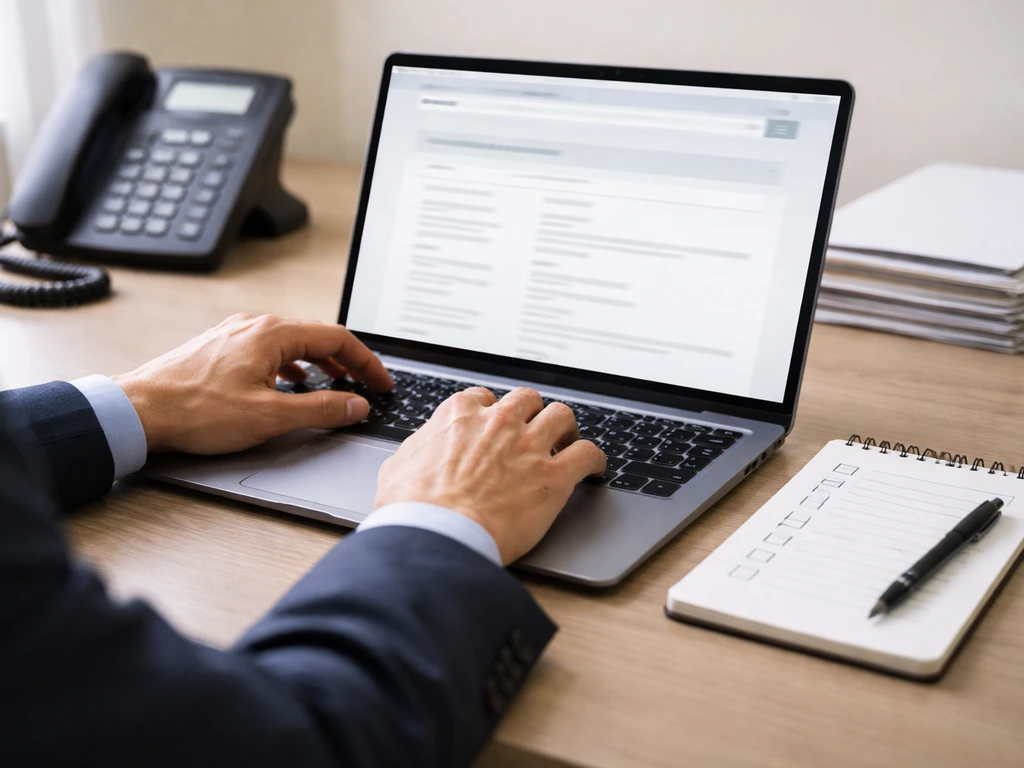 Hands searching on a laptop at a desk with a blank checklist for verifying financial filings.