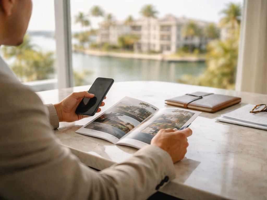 Anonymous analyst at a real estate office desk with palm-lined city view, suggesting wealth analysis context.
