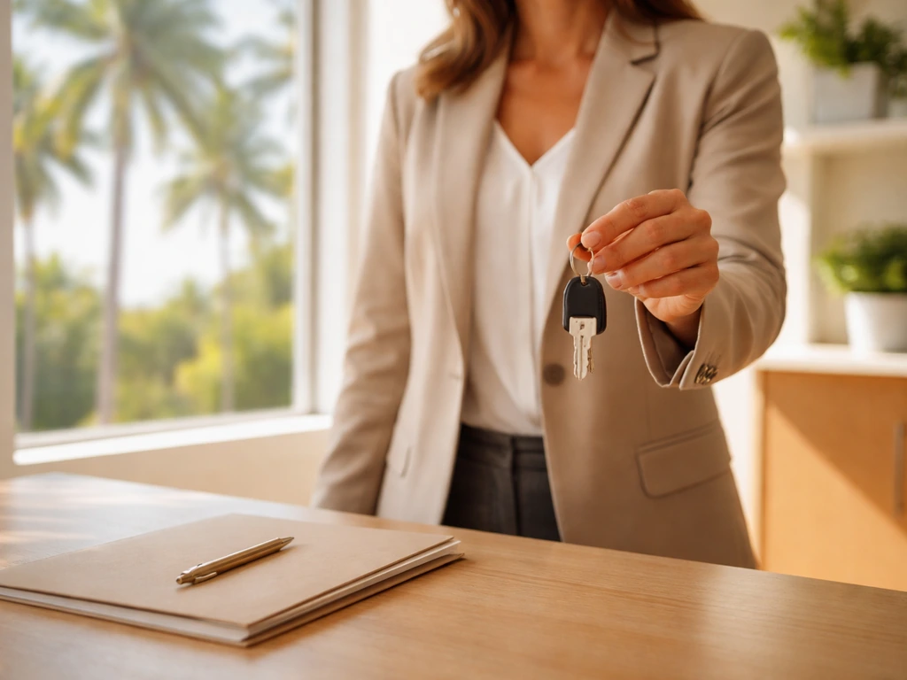 Anonymous real-estate professional holding a key fob in a sunlit office with palm trees outside.