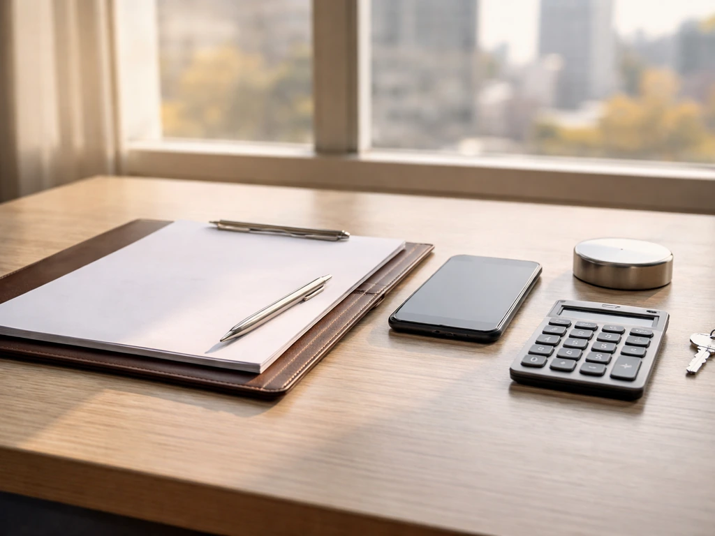 Minimal desk with blank papers, calculator, and phone suggesting financial net worth analysis
