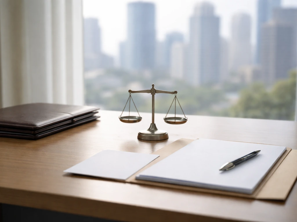 Minimal business desk scene with an open folder and a balance scale, symbolizing wealth components