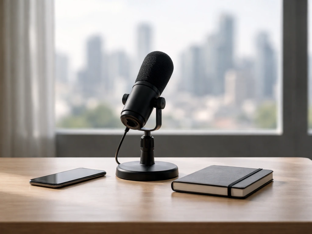 Minimal desk in a media studio with a microphone and phone, blurred city view—symbolic finance/business scene.