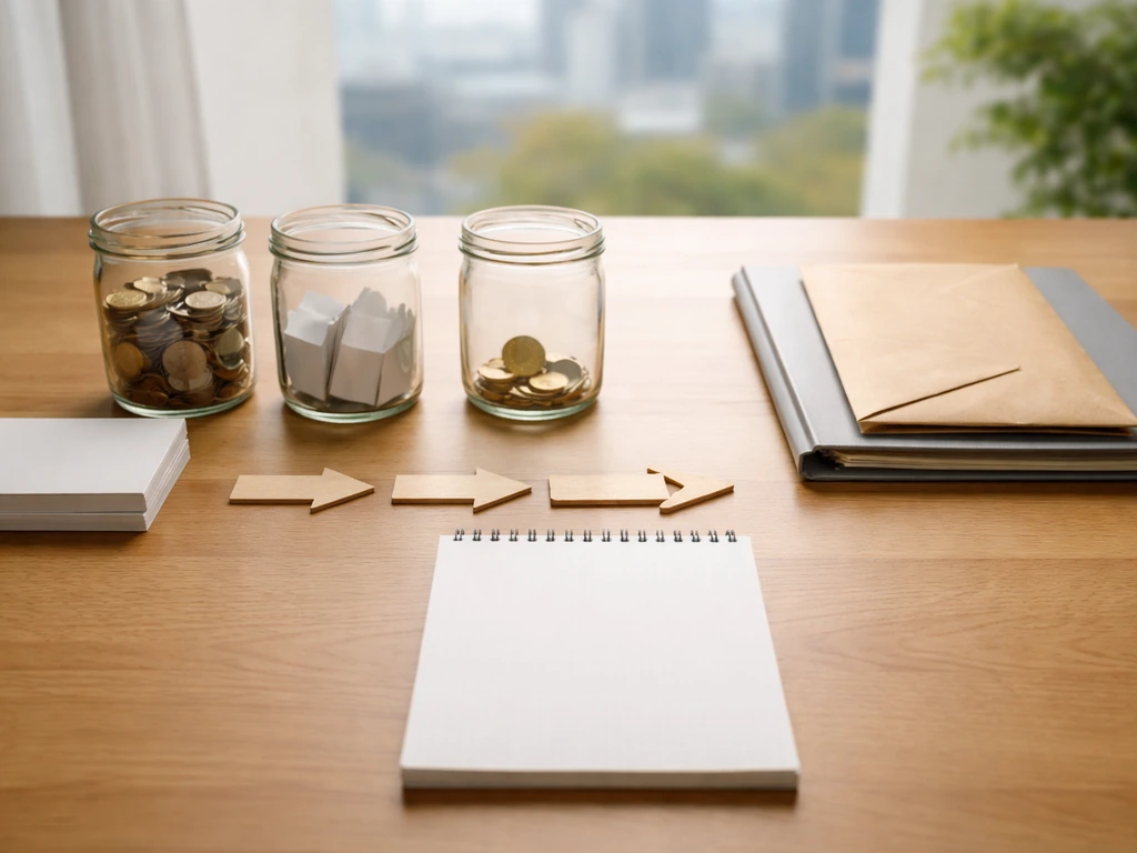 Minimal desk scene with unlabeled asset and liability objects, visually suggesting net worth calculations.