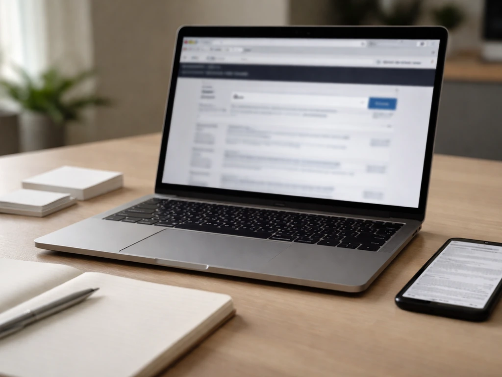 Close-up of a laptop and phone on a desk with blurred government filings search workflow.