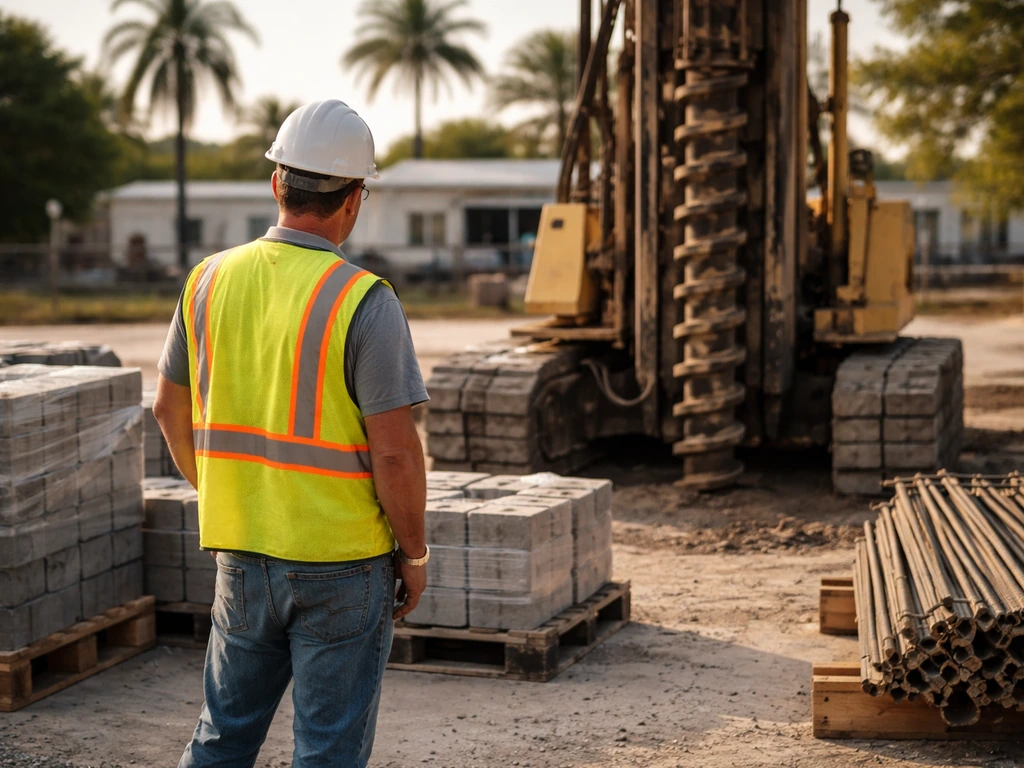 Hard-hat worker beside a drill rig in a quiet construction yard, Florida setting, minimal composition.