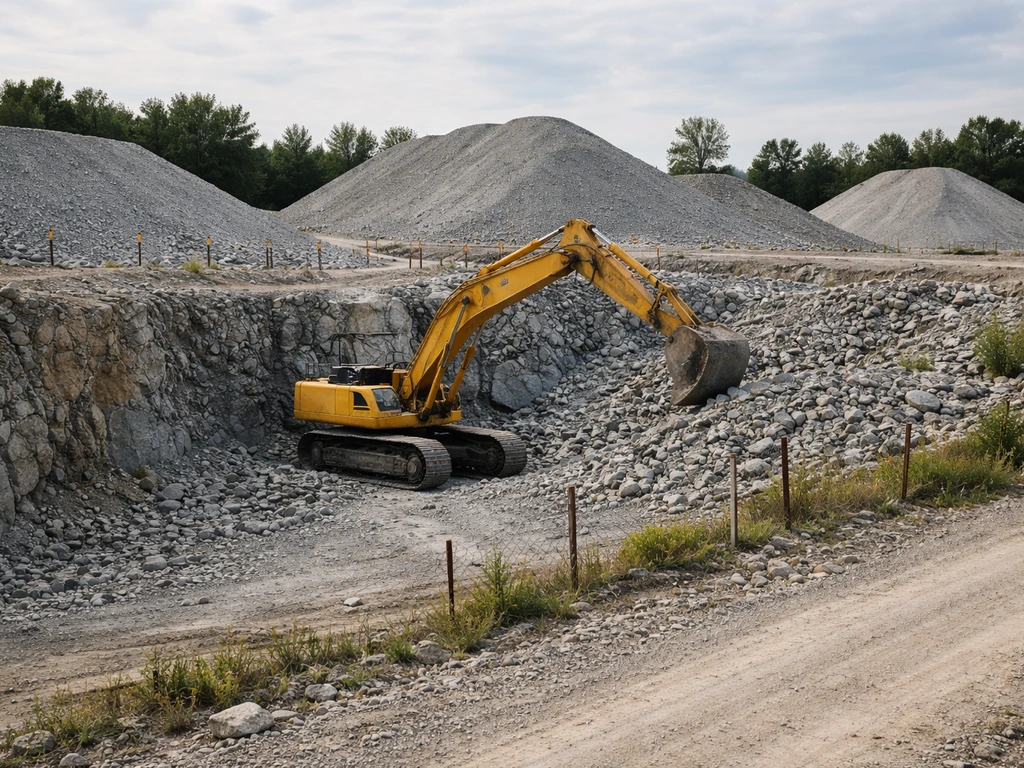 Yellow excavator in a quiet quarry with crushed stone stockpiles and gravel access road