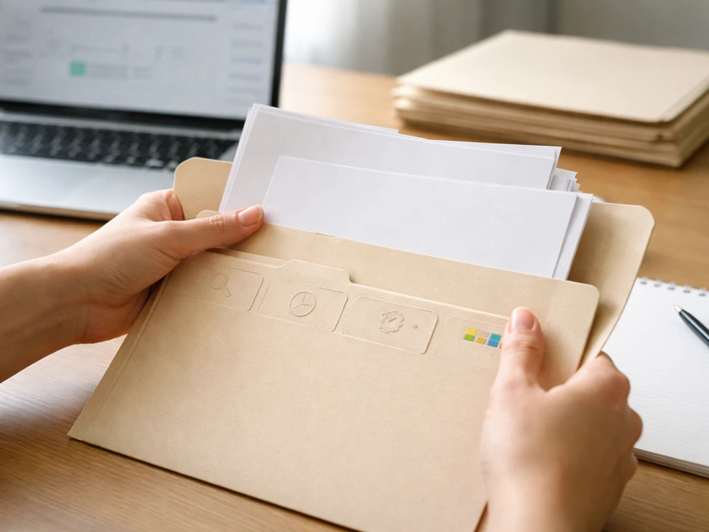 Hand organizing generic business documents beside a laptop, symbolizing verifying and updating financial estimates.