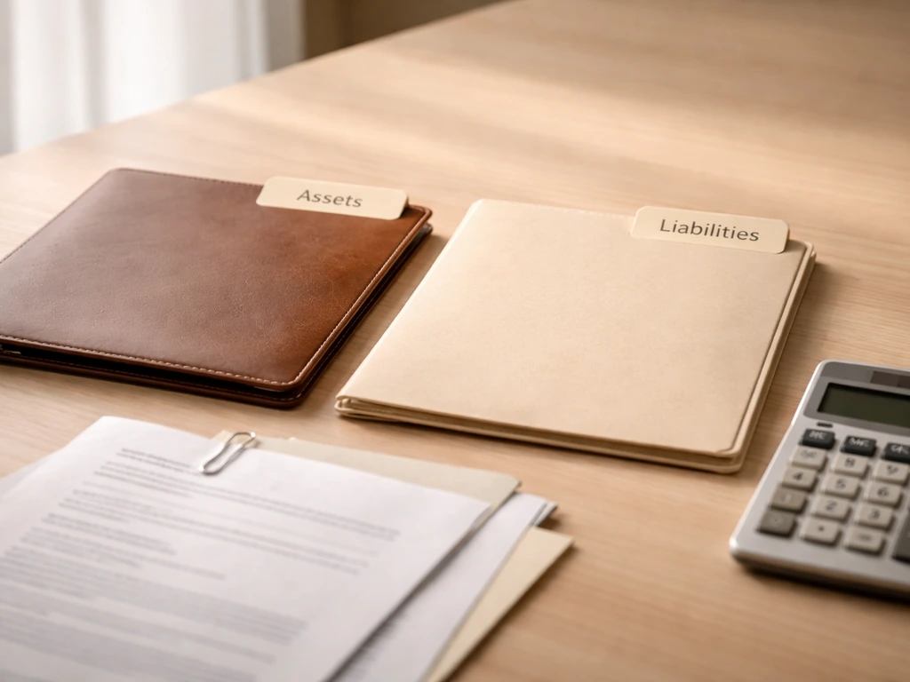Minimal desk with folders labeled Assets and Liabilities and a calculator, symbolizing net worth.