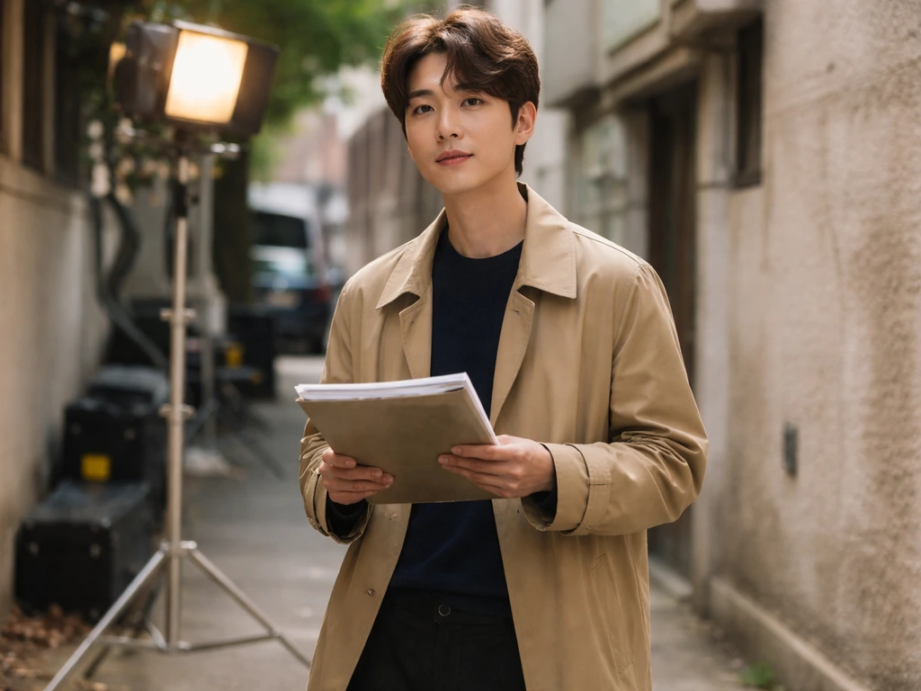 Jung Kyung-ho on a film set in costume, holding a script folder in a softly lit alley.